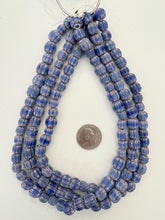 blue red white, chevron motif, matte finish, vintage stock glass, 8-11mm barrel mix, 15" strand, SOLD PER STRAND