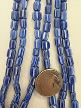 pale dark blue gray white, chevron motif, vintage stock glass, 8x6mm barrel mix, 15" strand, SOLD PER STRAND