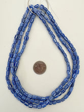 pale dark blue gray white, chevron motif, vintage stock glass, 8x6mm barrel mix, 15" strand, SOLD PER STRAND