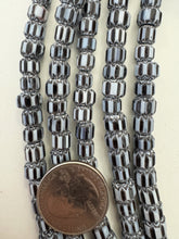 very dark brown white, chevron motif, semi dull finish, vintage stock glass, 7-9mm rondelle mix, 15" strand, SOLD PER STRAND