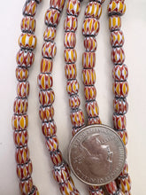 yellow red white black, chevron motif, vintage stock glass, 6-8mm barrel mix, 15" strand, SOLD PER STRAND