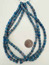 dark teal blue white red, chevron motif, semi dull finish,  vintage stock glass, 8x7mm barrel mix, 15" strand, SOLD PER STRAND