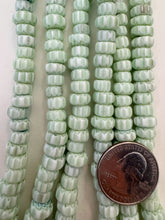 pale mint green white, chevron motif, semi dull finish,  vintage stock glass, 7-11mm rondelle mix, 15" strand, SOLD PER STRAND