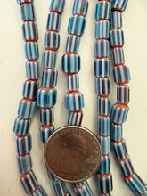 teal blue white red, chevron motif, semi dull finish, vintage stock glass, 8x7mm barrel mix, 15" strand, SOLD PER STRAND