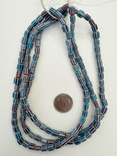 teal blue white red, chevron motif, semi dull finish, vintage stock glass, 8x7mm barrel mix, 15" strand, SOLD PER STRAND
