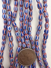 blue white red, chevron motif, vintage stock glass, 7x6mm barrel mix, 15" strand, SOLD PER STRAND