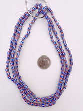 blue white red, chevron motif, vintage stock glass, 7x6mm barrel mix, 15" strand, SOLD PER STRAND