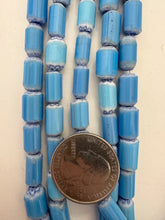 dark sky blue white, chevron motif, vintage stock glass, 11x7mm tube mix, 15" strand, SOLD PER STRAND