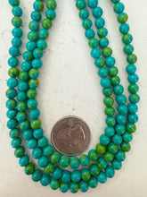 color enhanced magnesite: lime green dark turquoise blue, 6mm round, 15" strand, sold per strand