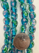 clear blue green pink white, floral inside lined motif, vintage stock glass, 12mm nugget mix, 15" strand, SOLD PER STRAND