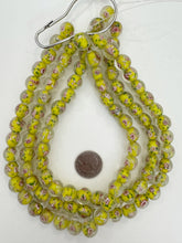 clear yellow green pink white, floral inside lined motif, semi dull finish, vintage stock glass, 12mm round mix, 15" strand, SOLD PER STRAND