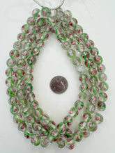 clear green pink white, floral inside lined motif, vintage stock glass, 12-13mm round mix, 15" strand, SOLD PER STRAND