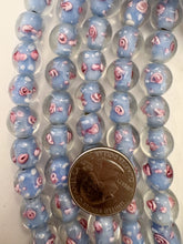 clear pastel dark periwinkle blue pink white, floral inside lined motif, vintage stock glass, 12mm round mix, 15" strand, SOLD PER STRAND