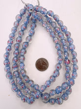 clear pastel dark periwinkle blue pink white, floral inside lined motif, vintage stock glass, 12mm round mix, 15" strand, SOLD PER STRAND