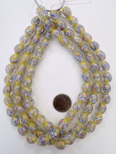 clear pale yellow blue pink white, floral inside lined motif, semi dull finish, vintage stock glass, 14x12mm barrel mix, 15" strand, SOLD PER STRAND