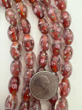 clear dark red orange green pink white, floral inside lined motif, semi dull finish, vintage stock glass, 14x10mm bowed tube mix, 15" strand, SOLD PER STRAND