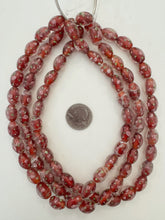 clear dark red orange green pink white, floral inside lined motif, semi dull finish, vintage stock glass, 14x10mm bowed tube mix, 15" strand, SOLD PER STRAND