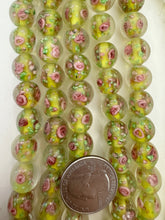 clear yellow green pink white, floral inside lined motif, semi dull finish, vintage stock glass, 12mm round mix, 15" strand, SOLD PER STRAND