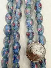 clear dark pale blue green pink white, floral inside lined motif, semi dull finish, vintage stock glass, 14x11mm bowed tube mix, 15" strand, SOLD PER STRAND