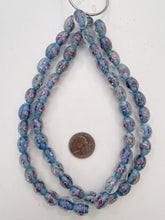 clear dark pale blue green pink white, floral inside lined motif, semi dull finish, vintage stock glass, 14x11mm bowed tube mix, 15" strand, SOLD PER STRAND