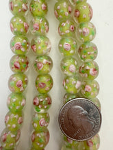 clear green pink white, floral inside lined motif, semi dull finish, vintage stock glass, 11mm round mix, 15" strand, SOLD PER STRAND