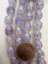 clear faint pink blue pink white, floral inside lined motif, dull finish, vintage stock glass, 14x12mm barrel mix, 15" strand, SOLD PER STRAND