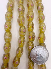 clear yellow green pink white, floral inside lined motif, semi dull finish, vintage stock glass, 14x10mm bowed tube mix, 15" strand, SOLD PER STRAND