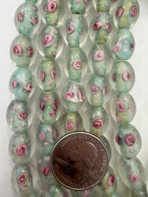 clear yellow blue pink white, floral inside lined motif, semi dull finish, vintage stock glass, 14x10mm bowed tube mix, 15" strand, SOLD PER STRAND