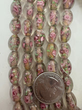 clear pale amber brown green pink white, floral inside lined motif, semi dull finish, vintage stock glass, 14x10mm bowed tube mix, 15" strand, SOLD PER STRAND