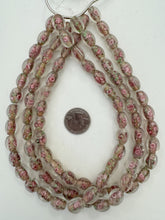 clear pale amber brown green pink white, floral inside lined motif, semi dull finish, vintage stock glass, 14x10mm bowed tube mix, 15" strand, SOLD PER STRAND