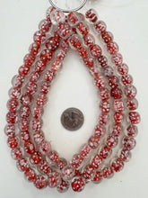 clear red pink white, floral inside lined motif, semi dull finish, vintage stock glass, 11-13mm round mix, 15" strand, SOLD PER STRAND