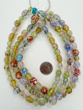 clear red pink white, floral inside lined motif, semi dull finish, vintage stock glass, 9-13mm shape mix, 15" strand, SOLD PER STRAND (batch 3)