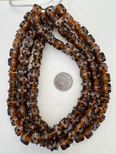 root beer brown black copper, dotted stripe motif, vintage stock glass, 12mm cube, 15" strand, SOLD PER STRAND