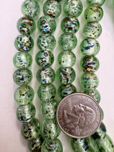 light green multi silver, inside lined motif, vintage stock glass, 12mm round, 15" strand, SOLD PER STRAND