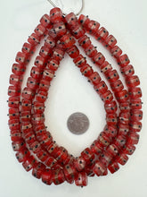 red black copper, dotted swirl motif, vintage stock glass, 11mm cube, 15" strand, SOLD PER STRAND