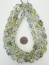 clear blue green orange yellow, dotted motif, vintage stock glass, 19x10mm bowed tube raised dots, 15" strand, SOLD PER STRAND