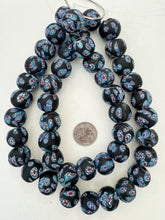 matte gray blue red white blue black millefiori motif, vintage stock glass, 19-20mm round mix,  15" strand, SOLD PER STRAND
