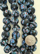 matte gray blue red white blue black millefiori motif, vintage stock glass, 19-20mm round mix,  15" strand, SOLD PER STRAND