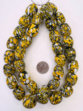 black white pale yellow dotted swirl, vintage look glass, 22x20mm barrel,  15" strand, SOLD PER STRAND
