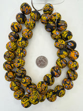 matte yellow orange red white blue black millefiori motif, vintage look glass, 19-20mm round mix,  15" strand, SOLD PER STRAND
