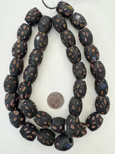 matte pale dark olive green red white yellow black millefiori motif, vintage stock glass, 24x18mm bowed barrel mix, 15" strand, SOLD PER STRAND