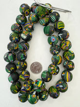 matte green yellow red white blue black millefiori motif, vintage stock glass, 18-21mm round mix,  15" strand, SOLD PER STRAND