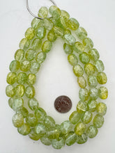 lemon lime green yellow , two tone crackle motif, vintage stock glass, 16x13mm barrel, 15" strand, SOLD PER STRAND