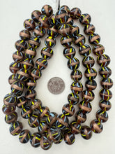 brown pale blue yellow copper, lined stripe motif, vintage stock glass, 17x16mm barrel, 15" strand, SOLD PER STRAND
