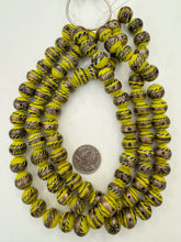 yellow copper black white, dotted swirl motif, vintage stock glass, 13mm round, 15" strand, SOLD PER STRAND