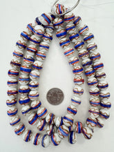 red white blue copper, stripe swirl motif, vintage stock glass, 14mm round, 15" strand, SOLD PER STRAND