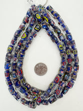 clear blue multi, inside line millefiori motif, vintage stock glass, 14x10mm tube, 15" strand, SOLD PER STRAND