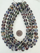 clear blue red green red, drawn swirl motif, vintage stock glass, 12x12mm rondelle, 15" strand, SOLD PER STRAND