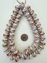 white dark magenta copper green, dotted stripe swirl line motif, vintage stock glass, 16x14mm rondelle,  15" strand, SOLD PER STRAND