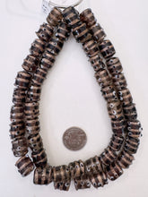 brown purple black white copper, eye stripe motif, vintage stock glass, 15x13mm raised dotted barrel, 15" strand, SOLD PER STRAND